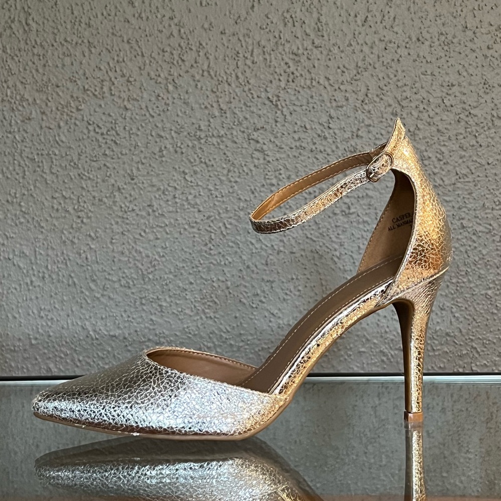 BAMBOO Metallic Gold Ankle Strap Pointed Toe Heels